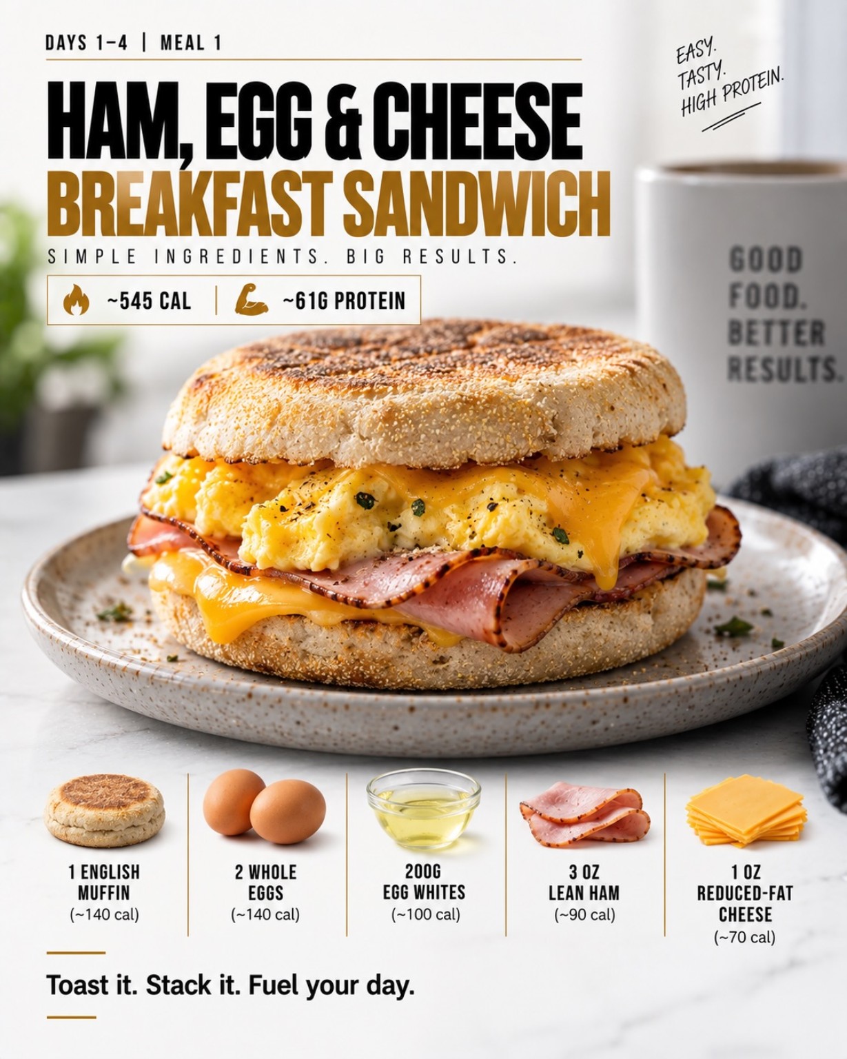 Ham, egg and cheese breakfast sandwich